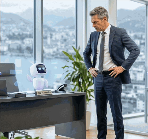 Manager interacts with AI technology in the office